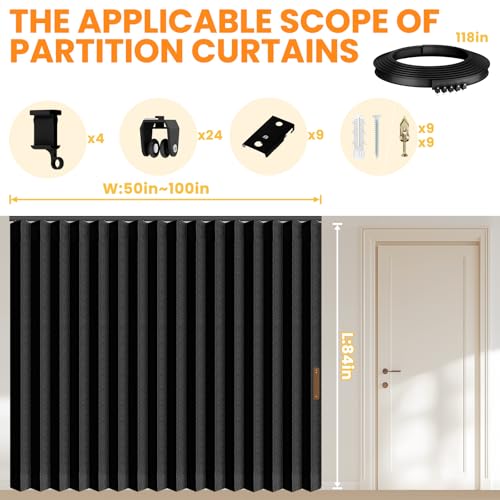 100% Blackout Accordion Room Divider Curtains - with Flexible Ceiling Track Total Privacy Sound Proof Curtains Suitable for Bedroom Patio Sliding Door(Black, W100 x L84, 1 Pack) AJAZZ
