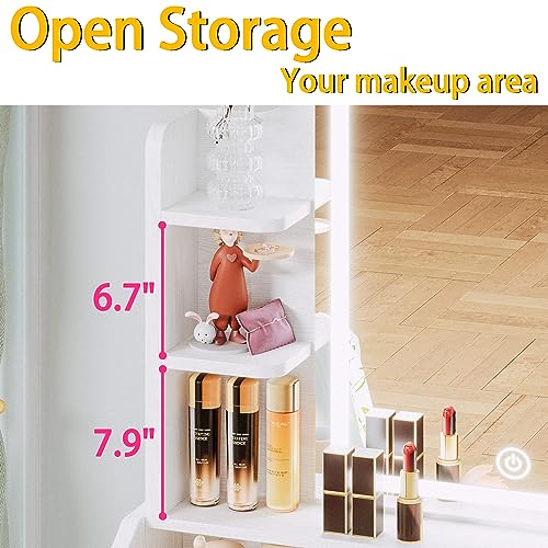 LIKIMIO Small Makeup Vanity Desk with Mirror and Lights, Vanity Table Set with Storage Drawer & Chair & 3 Shelves, Bedroom, White LIKIMIO