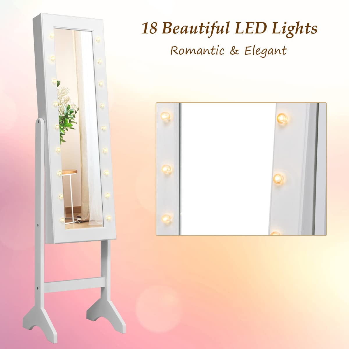Giantex Standing Jewelry Armoire with 18 LED Lights Around the Door, Large Storage Mirrored Jewelry Cabinet with Full Length Mirror, 16 Lipstick Holders, 1 Inside Makeup Mirror (White) Giantex