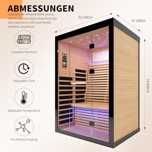RIGO 2 Person Infrared Sauna for Home - Canadian Hemlock Luxury Spa with Exclusive Star Sky Roof & Oxygen Bar, 7 Low EMF Graphene Heaters, Bluetooth RIGO