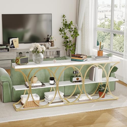 Garvee 39" Narrow Console Tables for Entryway, Industrial 3-Tier Sofa Table with Round Metal Base and Storage Shelves for Living Room, Hallway, Foyer, Gold and White Marble Garvee