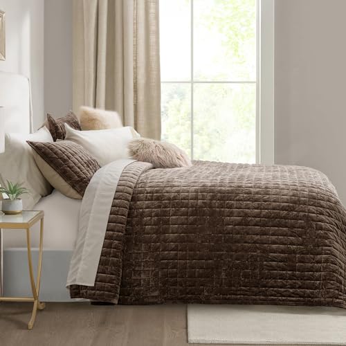 RECYCO Luxury Velvet Quilt Set Full Queen Size Bedding Sets, Ultra Soft Velvet Comforter Set, Lightweight Channel Box Stitch Oversized Bedspread Coverlet for All Season, with 2 Shams, Walnut Brown RECYCO