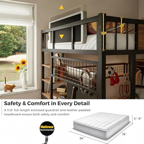 Full Size Loft Bed with Desk and Stairs, Headboard, Wardrobe, Bedside Storage Shelf, 6 Drawers, Charging Station & LED Light, Metal Gaming Loft Bed Frame for Adult Space-Saving, Black & Walnut Kikihouse