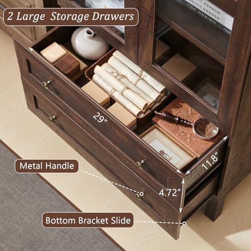 IFBUY 71" Tall Arched Bookshelf, 4-Tier Bookcase with Glass Doors and Shelves, Wooden Display Cabinet w/2 Large Storage Drawers, Modern Farmhouse Versatile Bookshelf for Living Room, Bedroom, Brown IFBUY