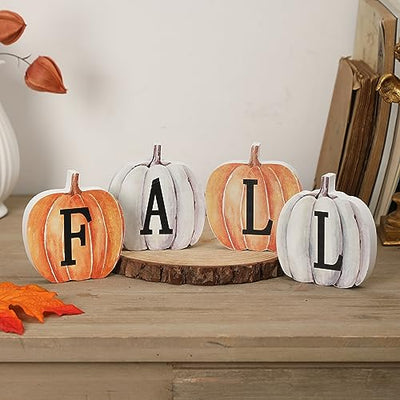 NEWLIGHTURE Fall Pumpkin Decor, 4pcs Wood Sign Pumpkin Block Set Farmhouse Fall Table Décor for Home Office Thanksgiving Tiered Tray Decor
