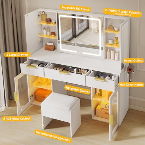 DWVO 56" Vanity Table Set with Tri-Fold Mirror & LED Lights, Makeup Vanity Desk with RGB Glass Cabinets, Storage Drawers, Shelves, Built-in Power Strip, Cushioned Stool for Dressing Room, White DWVO