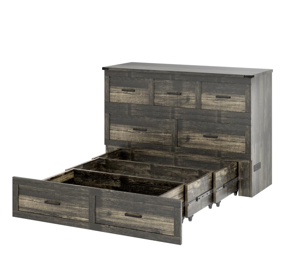 Bellemave Queen Murphy Bed, Cabinet Bed with Charging Station and 1 Large Storage Drawer, Farmhouse Murphy Cabinet with Foldable Panel, Noisy Free, for Guest Bedroom, Living Room, Rustic Gray Bellemave