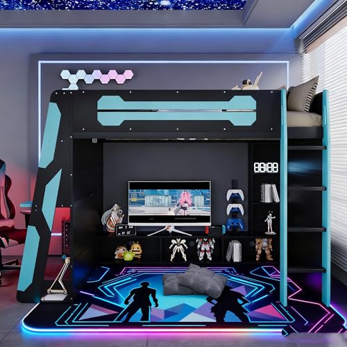 KLMM Modern Full Size Wood Gaming Loft Bed with Desk and Charging Station, Multi-Storage Shelves and LED,for Kids Teens Adults Bedroom Use (Cloud Blue#RGB, Full) KLMM