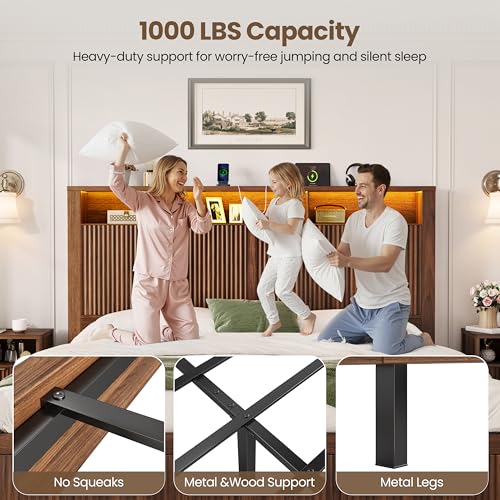 CypBed Queen Size Bed Frame with Headboard and Storage Drawers, Queen Bed Frame with LED Light and Charging Port, Farmhouse Wavy Wood Design, Wood & Metal Platform, Noise-Free, No Box Spring Needed CypBed