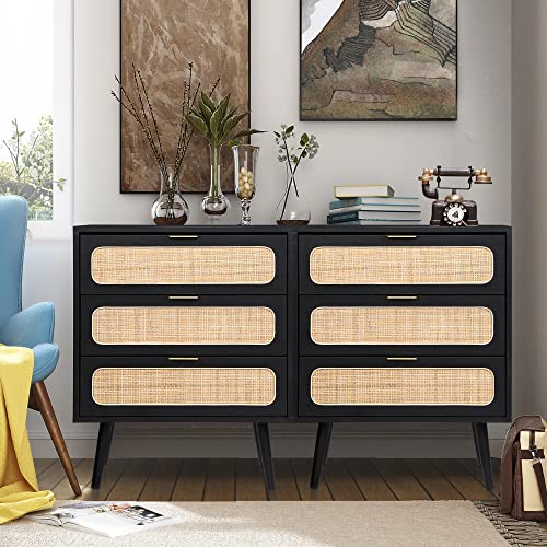 RARZOE 2 Sets of Rattan Nightstand Dresser Chest of 3 Drawers, Wood Storage Dresser Cabinet Organizer Unit for Bedroom Living Room Closet Office(Black) RARZOE