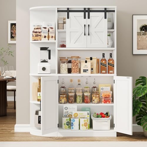 Vabches Farmhouse Pantry Cabinet, Kitchen Pantry Storage Cabinet with Sliding Door, Rustic Buffet Sideboard with Microwave Stand, Freestanding Cupboard with Shelves for Dining Room, White Vabches