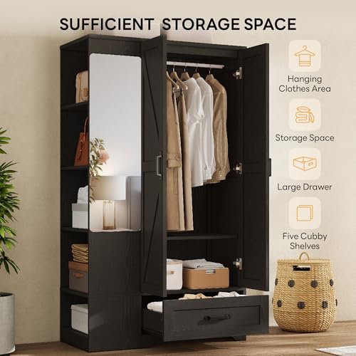 LIKIMIO Armoire Wardrobe Closet 70 Inches, Large Storage with Mirror, 2 Doors, Drawer, and Shelves, Modern Bedroom Freestanding Wooden Wardrobe Combination with Hanging Rail, Black LIKIMIO