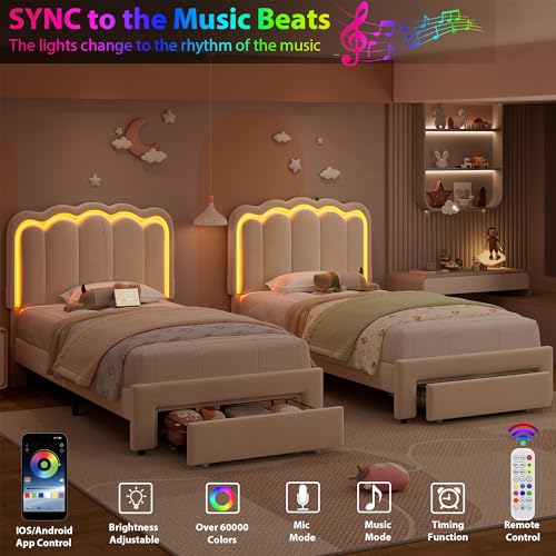 Twin Upholstered LED Bed Frame with Storage Drawer and Adjustable Chic Double Wavy Headboard, Velvet Princess Platform Bed for Kids/Girls, Solid Wood Slats Support, No Box Spring Needed, Beige Jocoevol