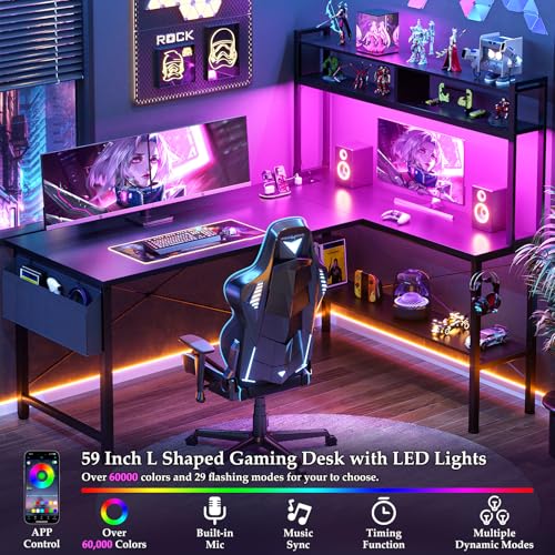 Aheaplus L Shaped Desk Gaming Desk, 59" L Shaped Computer Desk with LED Light & Power Outlet, Reversible Home Office Desk Gamer Desks with Shelves & Storage Bag & Hooks, Corner PC Desk, Black Aheaplus
