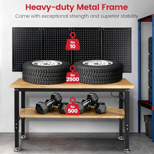 ENJOYWOOD Work Table for Garage 60 x 22 Inch Adjustable Height Workbench Heavy Duty Rubberwood Tabletop Work Bench with Power Outlets Pegboard Pad for Woodworking Shop, Home, Office ENJOYWOOD