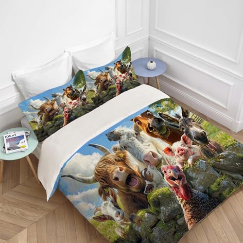 Funny Animals Bedding Set 3 Pieces Soft Lightweight Microfiber Farmhouse Cow Donkey Pig Bedspread Coverlet Set Fun Horse Duvet Cover Twin Full Queen King for Comforter Bed Set for Girls Boys Women Men exroozy