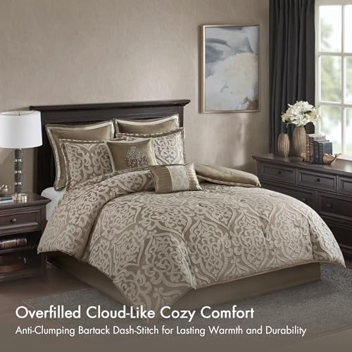 Madison Park Odette Cozy Comforter Set Jacquard Damask Medallion Design - Modern All Season, Down Alternative Bedding, Shams, Decorative Pillows, Cal King(104 in x 92 in), Tan 8 Piece Madison Park