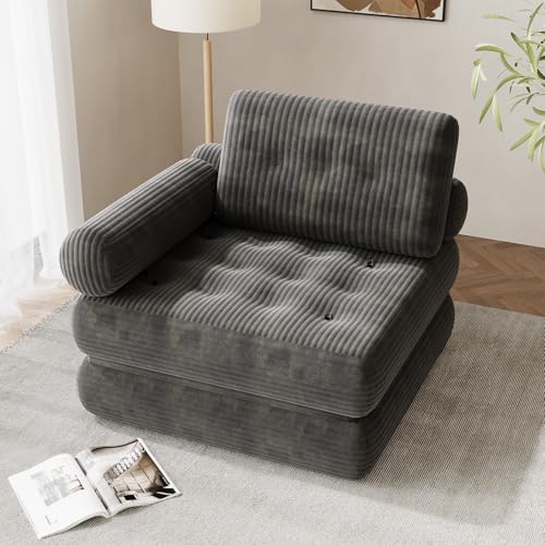 DSNAPE 35" Folding Sofa Bed, 5-in-1 Convertible Sleeper Chair Floor Mattress with Removable Armrest, Boneless Couch in a Box Fold Out Futon Lounge Chair Bed for Dorm Bedroom Small Space - Grey, Single DSNAPE