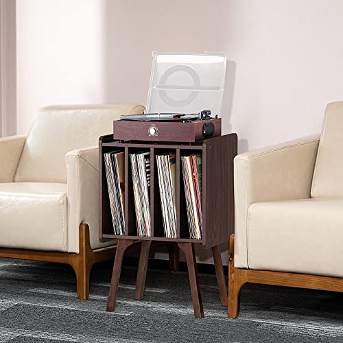 LELELINKY Record Player Stand, Walnut Vinyl Record Storage Table with 4 Cabinet Up to 100 Albums,Mid-Century Modern Turntable Stand with Wood Legs,Vinyl Holder Display Shelf for Bedroom Living Room LELELINKY
