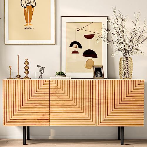 roomfitters Mid Century Modern TV Stand for TVs up to 65", Boho Sideboard Buffet Cabinet Credenza, Media Console Entertainment Center for Living Room, Poplar Wood Print Carved and Geometric Design roomfitters