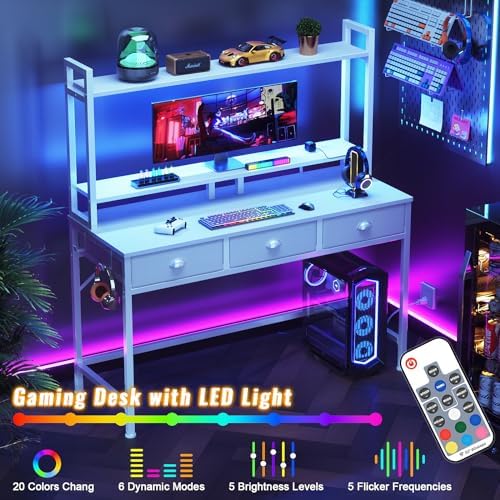 Furologee Computer Desk with 3 Drawers, 47 Inch Home Office Desks with Power Outlet and LED Light, Gaming Desk with Monitor Stand and Hutch, Modern Work/Writing/Study Table for Bedroom, White Furologee