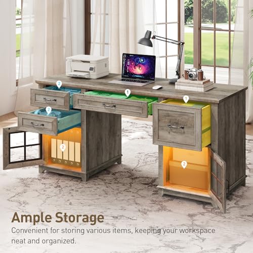 RALGEND 58" Farmhouse Executive Desk with Drawers, LED Light, Computer Desk with Drawers and File Cabinet, Wooden Home Office Desk with Charging Station, Workspace for Writing, Greige RALGEND