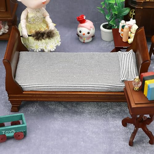 Gxsterd 1/12 Dollhouse Bed Miniature Single Bed Vintage Woode Mini Bed for for 6 inch Dolls Dollhouse Bedroom Furniture with Bedding Fabric (Brown) Gxsterd