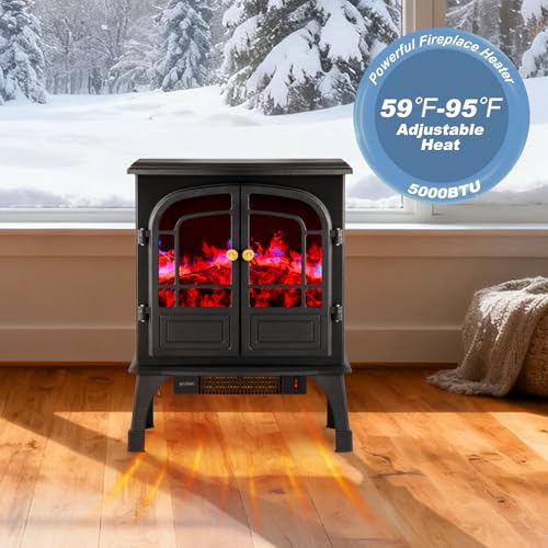 DUMOS Electric Fireplace Heater, 26" Freestanding Two Door Electric Fireplace Stove with 3D Flame Effect & Remote Control, Modern Stove for Home with Safety Features, Adjustable Heat & Timer, Charcoal DUMOS