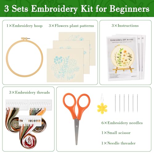 RAINFLOW Embroidery Kit for Beginners 3 Sets Stamped Cross Stitch Kits,Needle Point Kits Adults Beginner with Stamped Easy Flowers Plant Patterns,DIY Needlework Mothers Day Gifts for Adults Women