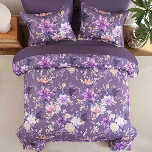 Drucon Floral Comforter Set King Size 7 Piece, Purple Flower Bed in a Bag, Elegant Floral Comforter with Sheet Set, Soft Microfiber Bedding Set for All Season Drucon