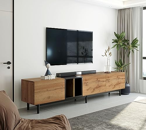 Virubi Modern TV Stand with 3 Cabinets & Open Shelves, Minimalist Wooden Entertainment Center for TVs Up to 80”, Sturdy TV Console for Living Room Bedroom Decor (Wood) Virubi