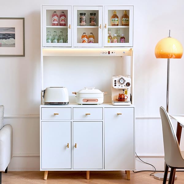 JanflyHome Kitchen Pantry Storage Cabinet with Power Outlet & Light, 73'' Freestanding Hutch Cabinet with Glass Door & Microwave Stand, Tall Cabinet for Dining Room, Adjustable Shelves, White… JanflyHome