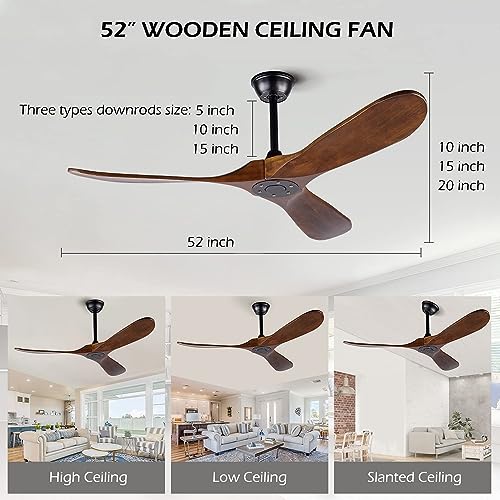 Solid Wood Ceiling Fans Without Light, 52 Inch Real Wood Ceiling Fan with Remote Control and 3 blade, Natural Wood Ceiling Fan Waterproof, Indoor Outdoor Ceiling Fans for Patio, Bedroom, Living room EOPETY