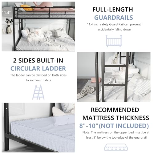 SUNLEI Metal Bunk Beds with Double Secured Ladders, Twin Bunk Bed with Surrounded Safety Guardrails, Space Saver Twin Beds, Noise Free for Small Bedroom, with Trundle Function, Black SUNLEI