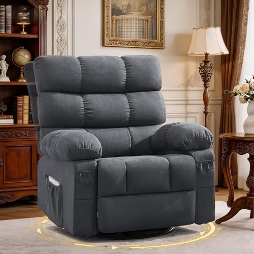 Swivel Rocker Recliner Chair for Adults, 360ยฐ Upholstered Manual Recliners for Small Spaces, Single Seat Glider Reclining Chair with Side Pockets, Ergonomic Reading Chair for Living Room, RV, Bedroom
