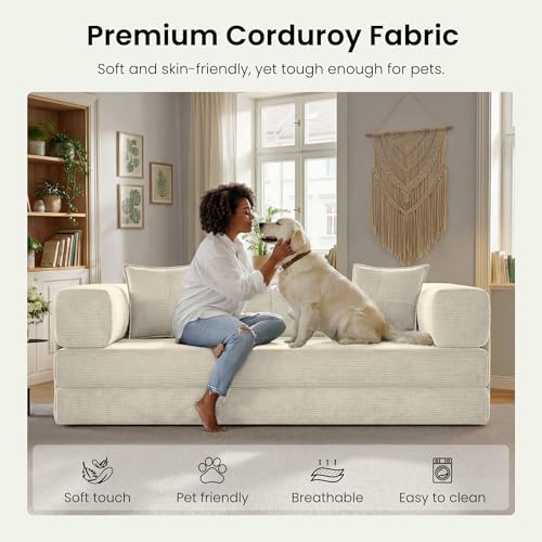CUBENTE 78.8" Convertible Sofa Bed,Corduroy Futon Couch with Storage Pocket,Folding Pull Out Futon Sofa,No Assembly Boneless Couch for Living Room, White CUBENTE