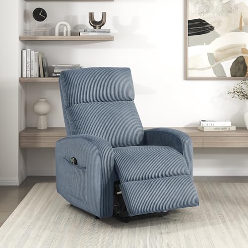 Lexicon Power Lift Recliner Chair for Elderly with Remote Control, Gentle Lift Motion, Side Pocket Armrest, Corduroy Upholstered Electric Recliner for Living Room/Bedroom, Easy Assembly, Midnight Blue