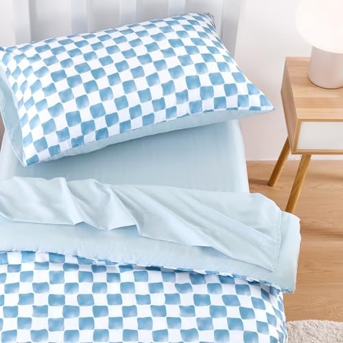 Wake In Cloud - Toddler Bedding Set for Boys Girls, Cute Gingham Grid Checkered, 4 Pieces Soft Crib Bed Set Including Comforter, Sheets and Pillowcase, Blue White Wake In Cloud