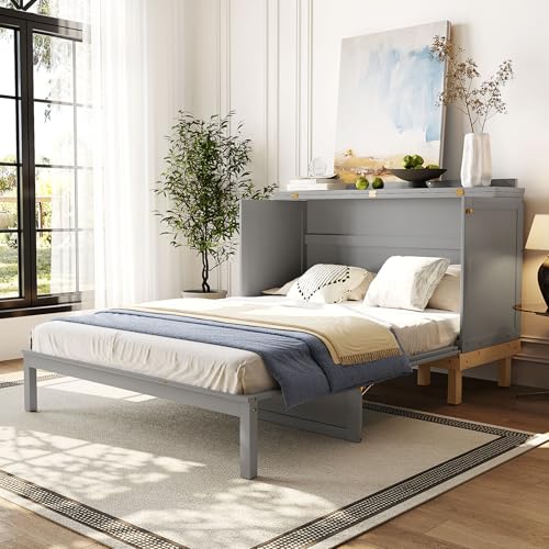 LZ LEISURE ZONE Queen Size Murphy Bed, Wood Cabinet Bed with Legs, Gray LZ LEISURE ZONE