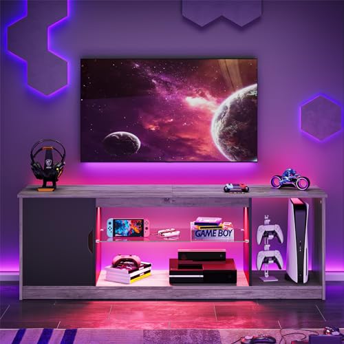 Bestier LED TV Stand for 55/60/65 Inch TV, Gaming Entertainment Center with Cabinet for PS5, Modern TV Cabinet with Adjustable Glass Shelves for Living Room, Bedroom 58 Inch, Grey Wash Bestier
