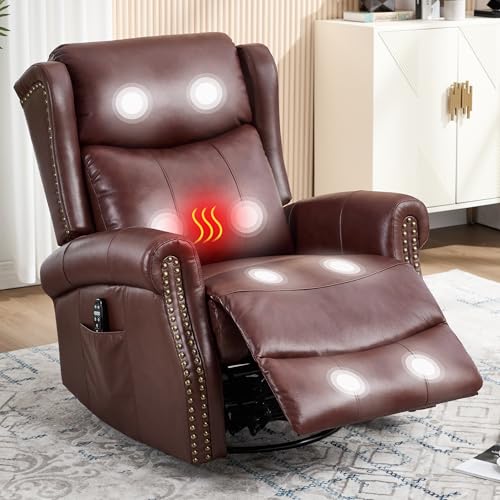 Genuine Leather Recliner Chair for Adults, Manual Swivel Rocker Glider Rocking Chair with Vibration Massage Lumbar Heat for Nursery, Rivet Design Single Sofa Chair for Living Room - Burgundy Red
