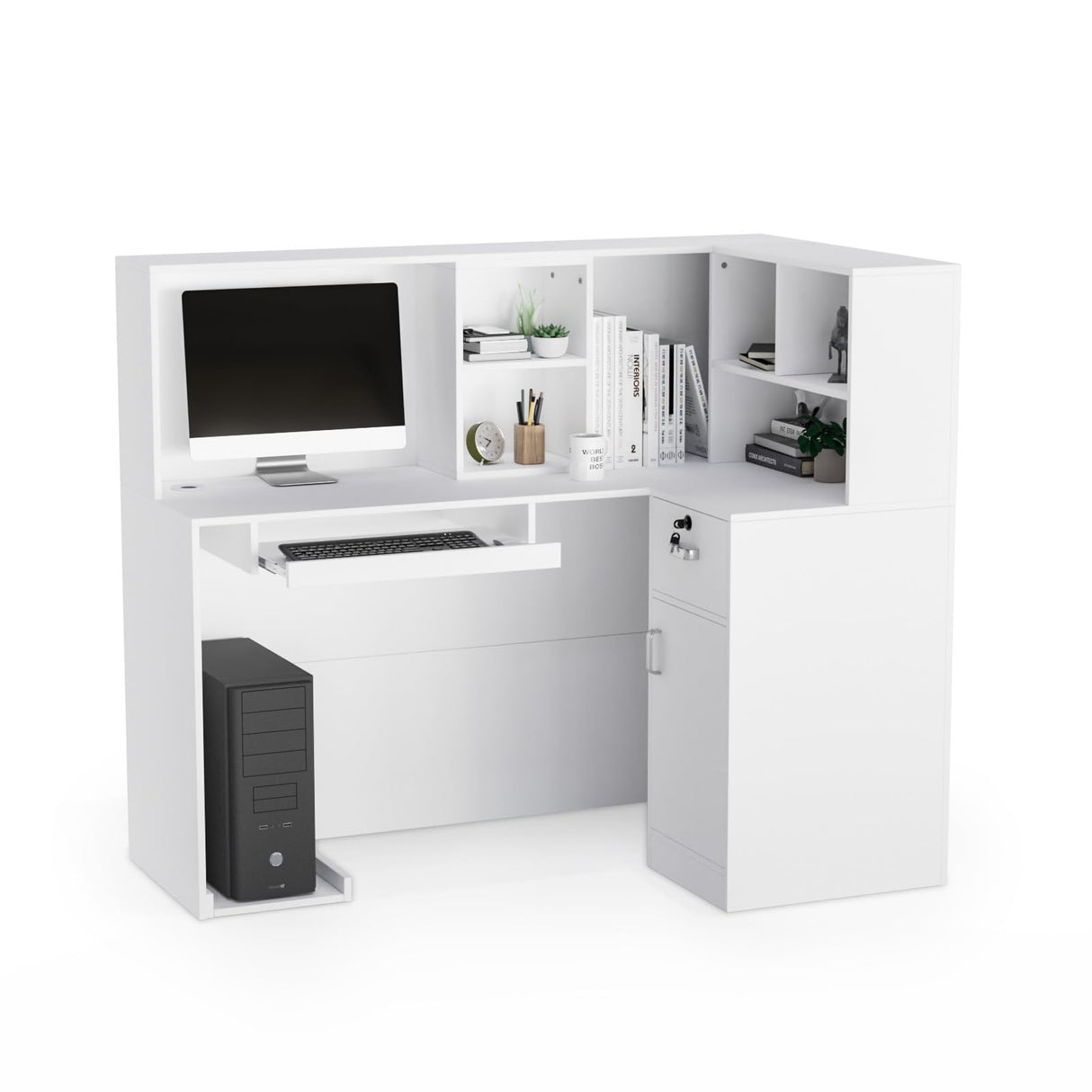 OmySalon Modern Reception Desk, L-Shaped Front Desk with Moveable Shelves and Lockable Drawers, Retail Checkout Counter Table, for Lobby Beauty Salon Office, White (55.9" W x 18.9" D x 48" H) OmySalon