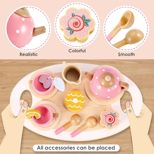 BUYGER Wooden Tea Party Set for Toddlers Little Girls with Tea Cup Teapots Food Tray Pretend Play Kitchen Accessories Cafe Toys Gifts for Ages 3-5 3 4 5 Years Old Buyger