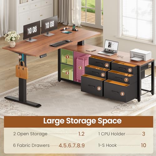 SEDETA L Shaped Electric Standing Desk, 55" x 55" Height Adjustable Office Executive Desk with 6 Fabric Drawers and Storage Shelves, Sit Stand Computer Desk with Power Outlet for Home Office (Brown) SEDETA