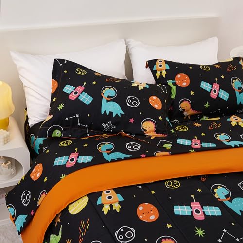 Yibeizi Space Dinosaur Kids Comforter Set for Boys Full Size, Cute Quilted Black Printed Bedding Set with Pillow Sham, Lightweight Soft Breathable Washable Bed Set 3 Piece Yibeizi