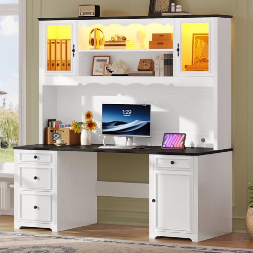 DWVO Executive Desk with Hutch and Power Outlets, Computer Desk with Drawers & LED Lights, Farmhouse Home Office Desks with Storage Shelves, White & Black DWVO