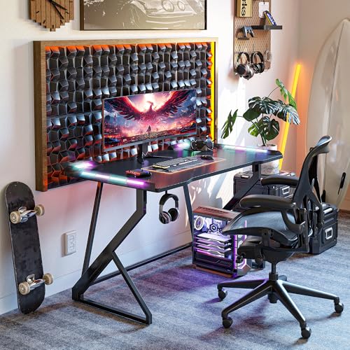 TIQLAB Gaming Desk with LED Lights, 47 Inch Computer Desk for Home Small Space, Gaming Table with Carbon Fiber Surface, PC Gamer Desk for Kids Boys Men, Black TIQLAB