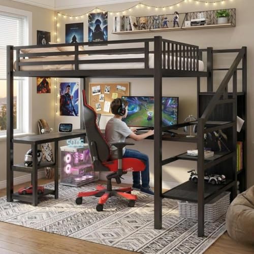 MoproBeti Full Size Loft Bed with Desk and Stairs,Metal Loft Bed Full with Wardrobe and Shelf, High Loft Bed with LED Light and USB for Kids, Teens, Junior, Adults,Black MoproBeti