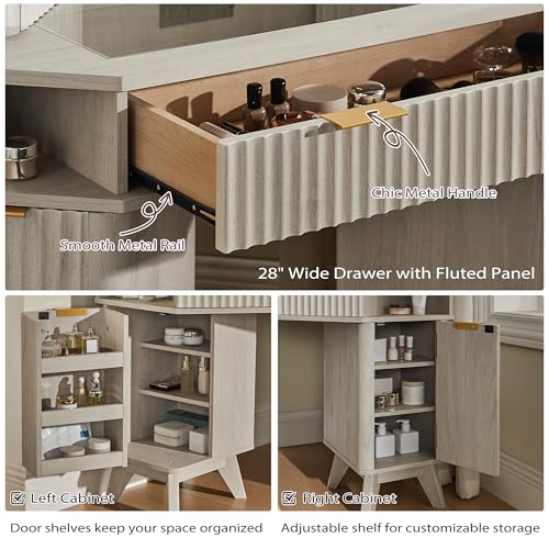 T4TREAM Fluted Makeup Vanity Desk with 3 Way Mirror and Lights, 48" Large Corner Vanity Table with Glass Top, Charging Station, 3 Drawers, Storage Cabinets & Shelves, for Bedroom, White Alder T4TREAM