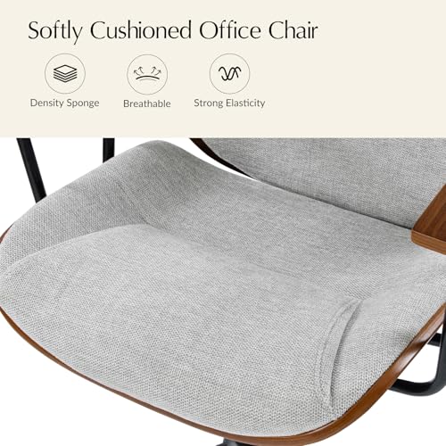 HULALA HOME Solid Wood Office Chair with Rocking Function, Comfy Fabric Desk Chair with Bent Wood and Metal Base, Height Adjustable Swivel Computer Task Chair, Grey HULALA HOME